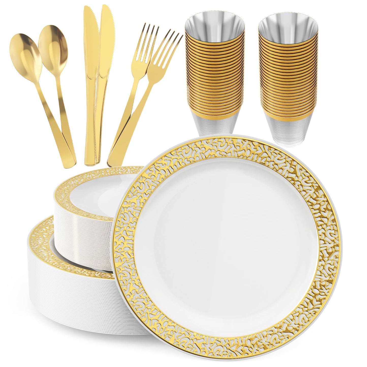 150 Count Gold Plastic Dinnerware Set, Elegant Disposable Include: 25 Gold Lace Plastic Plates, 25 Dessert Plates, 25 Forks, 25 Knives, 25 Spoons, 25 Cup, Ideal for Party, Birthday and Thanksgiving