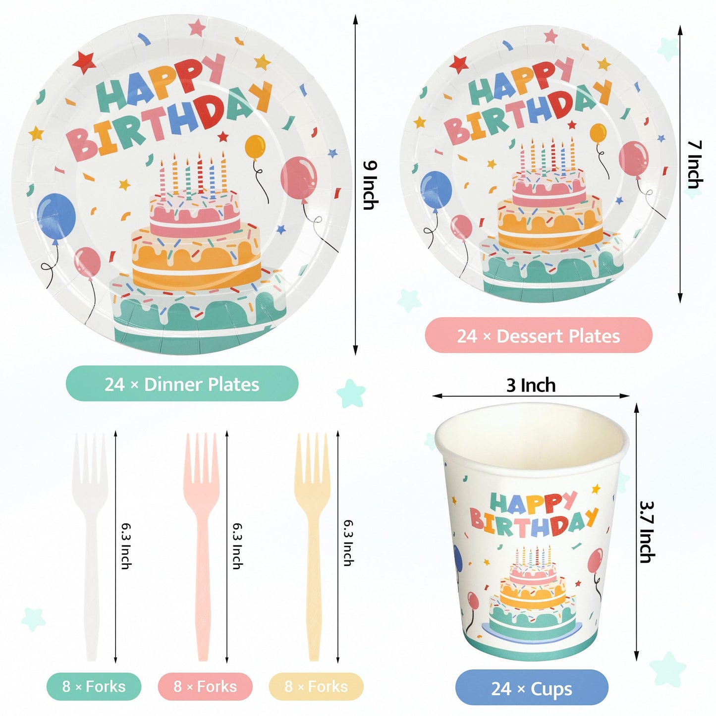Childom Birthday Decorations,96 Pcs Birthday Plates and Cups,Happy Birthday Decorations,Disposable Plates for Birthday Party Decorations,Dinnerware Sets for Party Supplies,Tableware Set Serve 24
