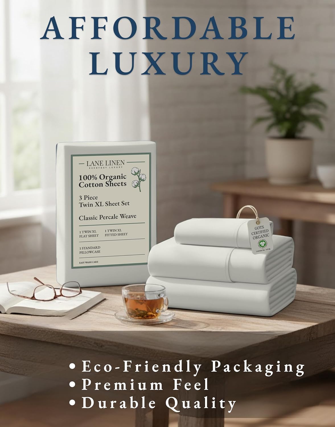 LANE LINEN Twin XL Sheets Set - 100% Organic Cotton, Soft Percale, Breathable, Glacier Grey