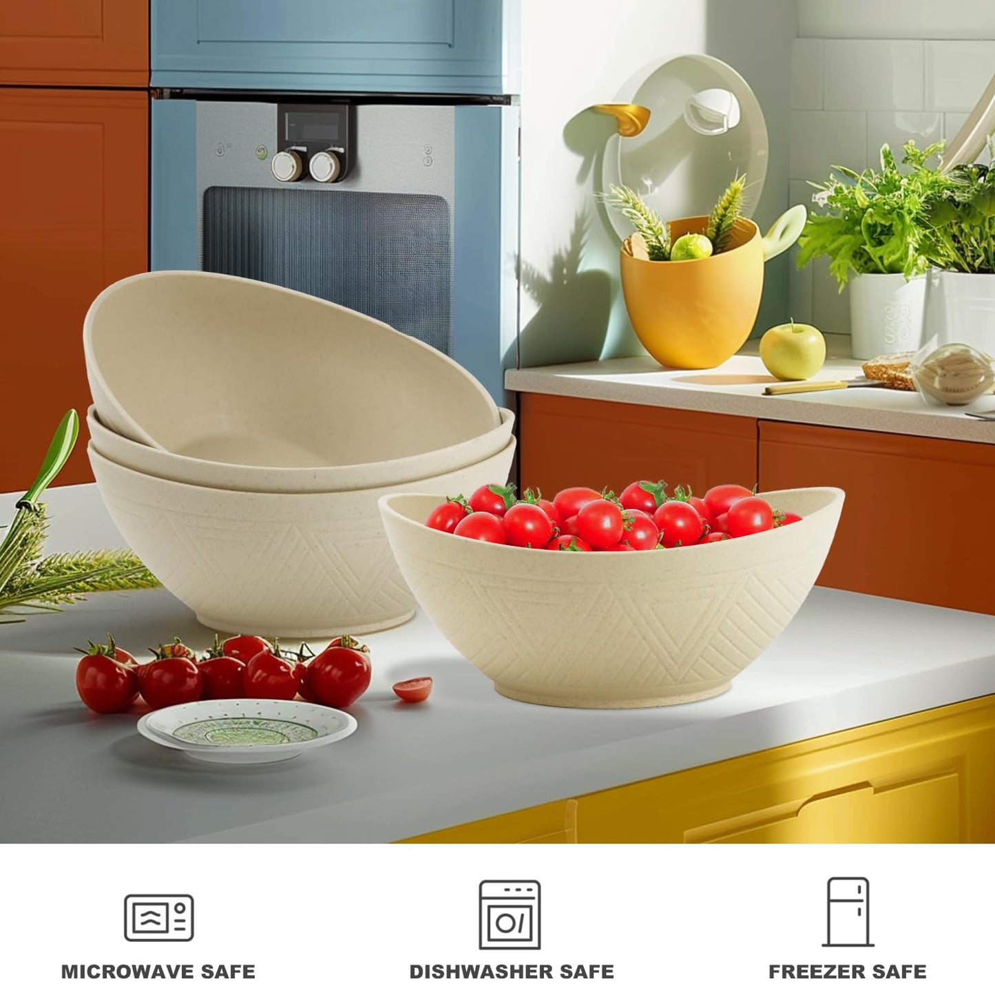 BUSOKIP Large Bowls 65 OZ, Wheat Straw Bowls Set of 4, Unbreakable Salad Bowl, Microwave & Dishwasher Safe Big Bowl, Kitchen Serving Bowl for Salad, Cereal, Soup and Oatmeal (Beige)