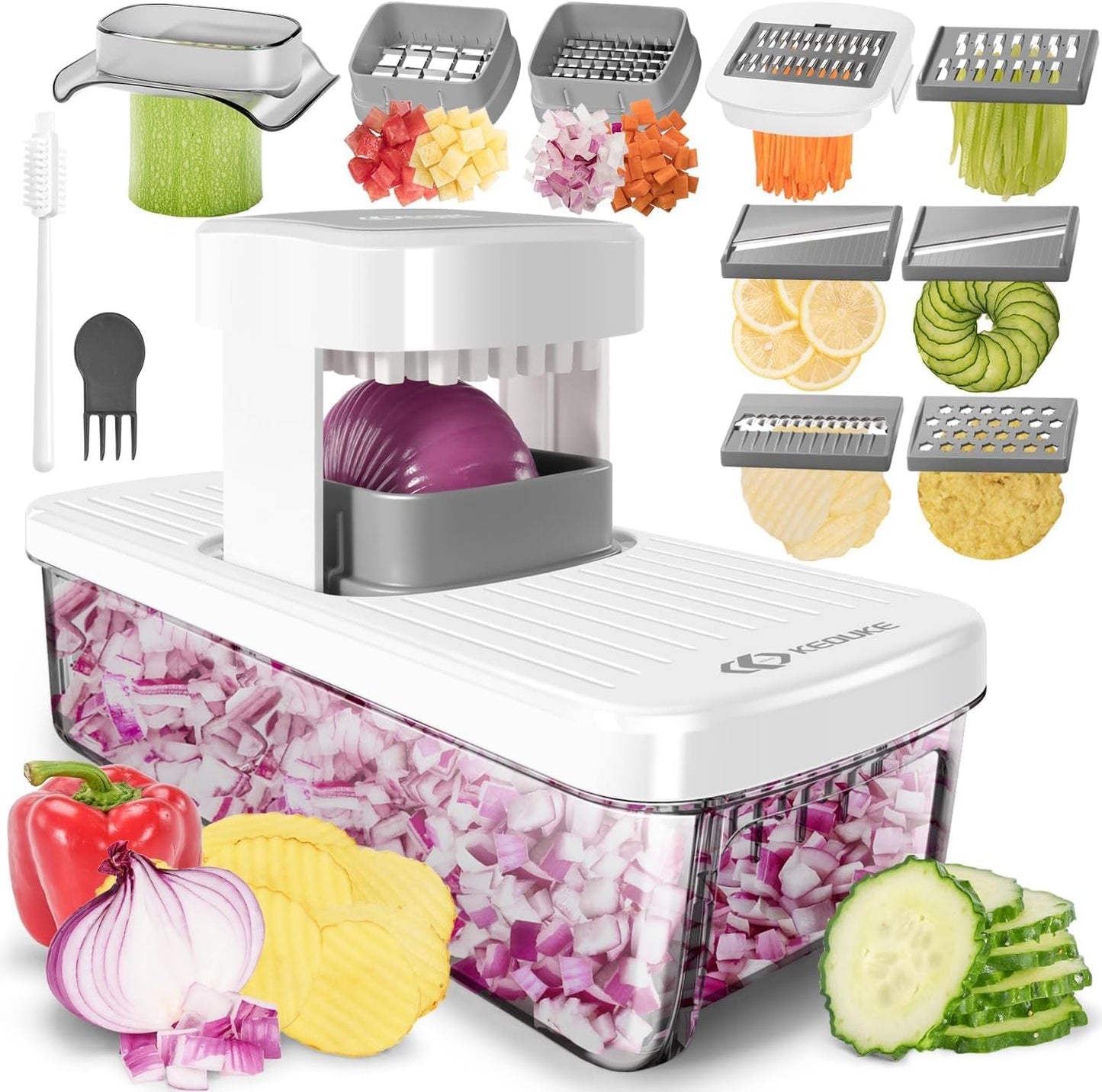 KEOUKE 8-in-1 Vertical Vegetable Chopper - Safe Mandoline Slicer with Container & Hand Guard for Easy Food Prep