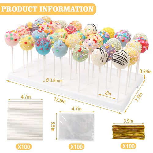 Cake Pop Display Stand Holder - 35 Holes Large Capacity White Lollipop Holder with 100 Pcs Sticks, Treat Bags & Gold Ties - Complete Cakepop Kit for Dessert Table, Wedding, Birthday Party