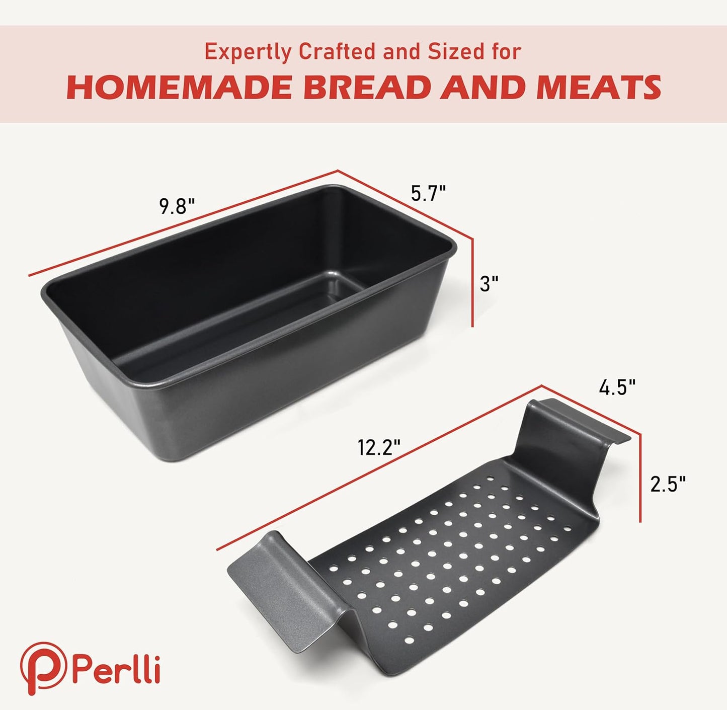 PERLLI Nonstick Meat Loaf Pan with Drip Tray - 9.8 x 5.7 In. High-Carbon Steel, BPA-Free for Baking & Roasting