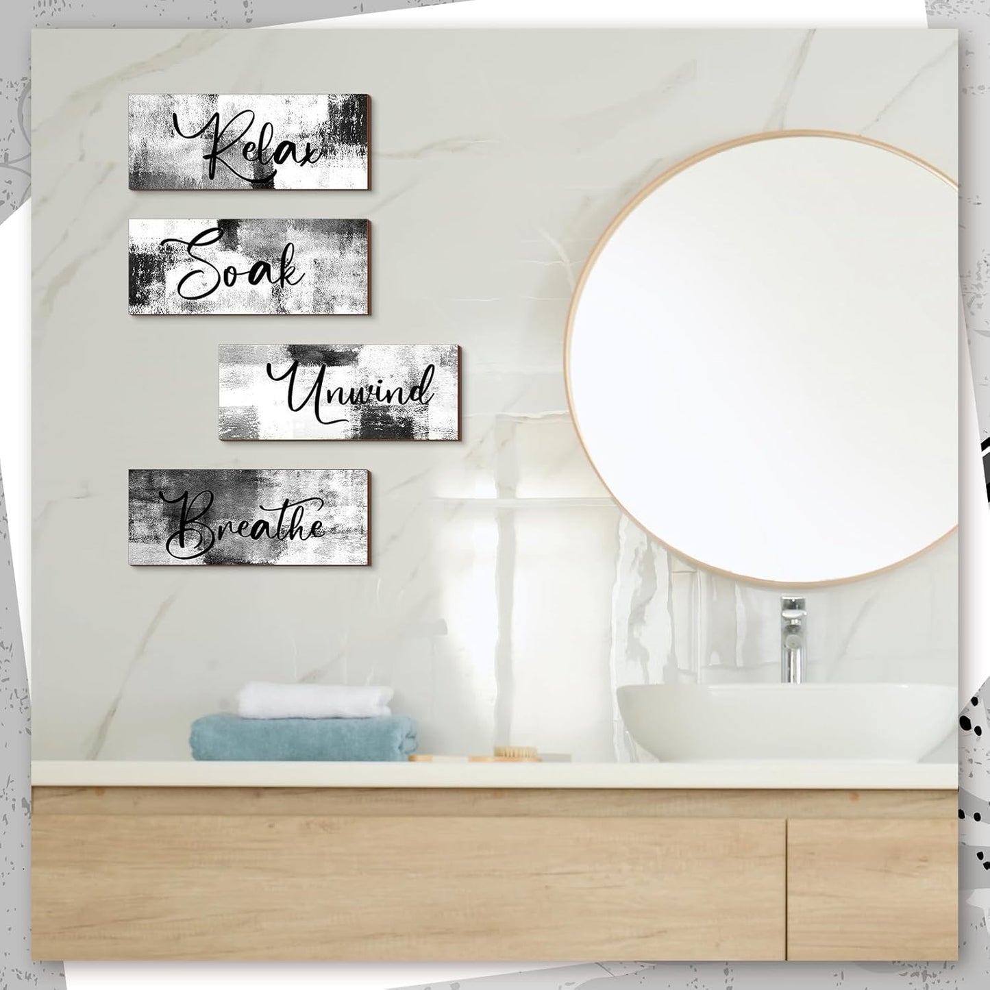 Maitys Bathroom Wall Art - 4 Pcs Rustic Wood Decor for Soak & Unwind | 10 x 4 Inch Black & White Signs