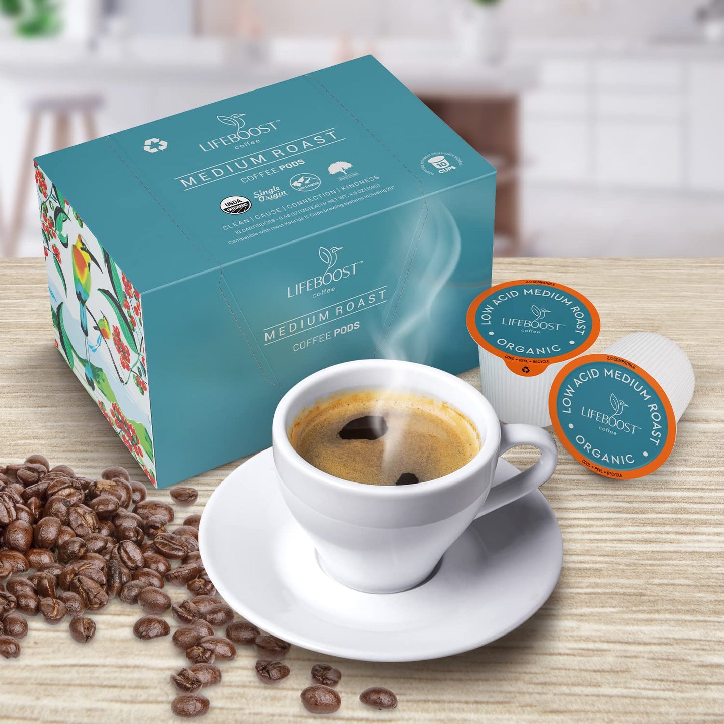 Lifeboost Medium Roast Coffee K-Cups | Low Acid, Mold-Free, Organic Pods - Compatible with Keurig - 10 Count