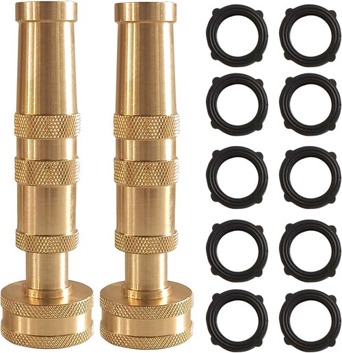 Hourleey Heavy-Duty Brass Hose Nozzle - Adjustable Twist Design with 10 Rubber Washers | 4-Inch, 2-Pack