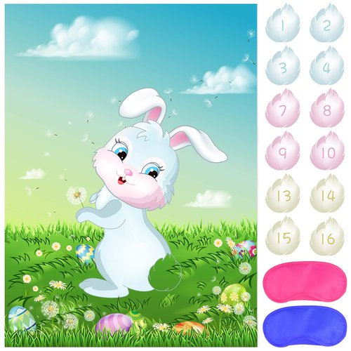 ASTARON Pin The Tail on The Bunny Game for Birthday Party, Easter Party Game with 24 pcs Tail Stickers for Happy Easter Party Decoration Supplies