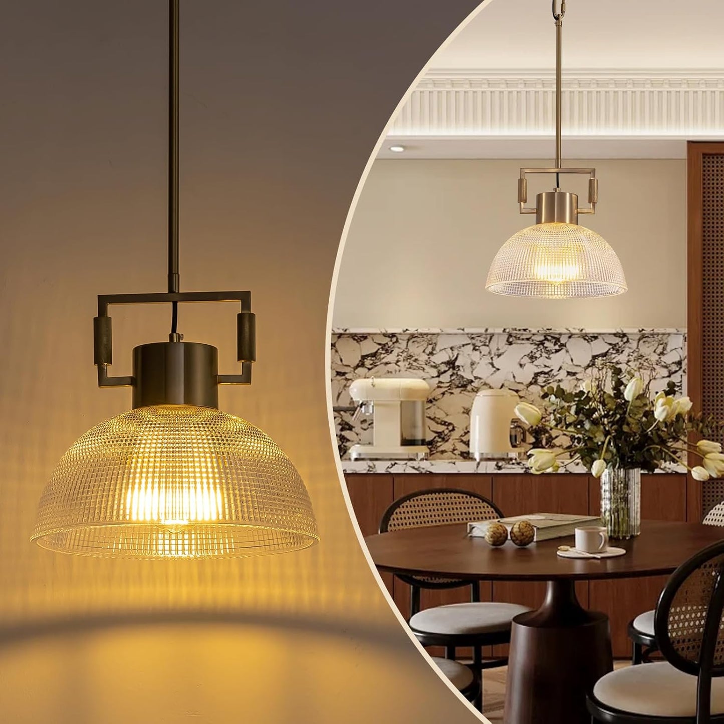Pendant Lights Kitchen Island, 11.8" Gold Glass Pendant Lights Modern Vintage Fluted Large Dome Shade Brass Island Lights for Kitchen Dining Room Hallway Bedroom Restaurant.