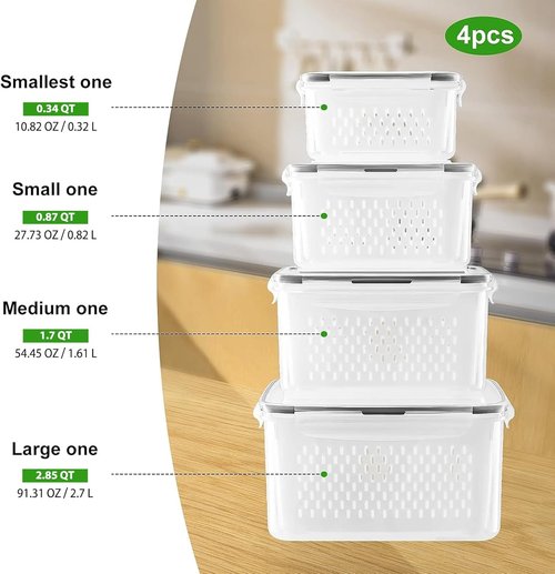 Freshmage Fruit Storage Containers - Airtight Produce Saver with Removable Colander | 4-Piece Set, Clear