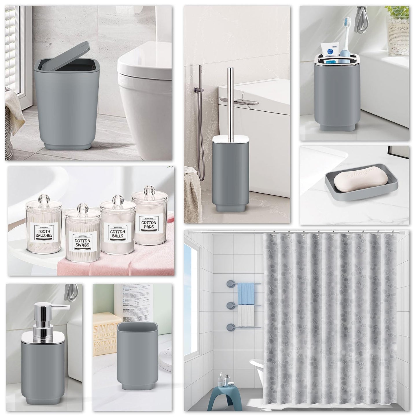 IMAVO Grey Bathroom Accessories Set,11Piece Bathroom Accessory Gift Set,Trash Can,Tray,Toothbrush Holder,Toothbrush Cup,Soap Dispenser,Soap Dish,Toilet Brush and Qtip Holders