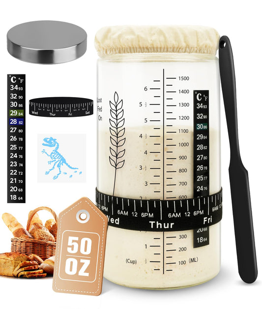 Keafont 50oz Sourdough Starter Jar Kit, Large Capacity Sourdough Jar, Wide Mouth Sourdough Bread Starter Kit for Perfect Sour Dough Bread, Sourdough Starter Kit (Black, 2 Pack)