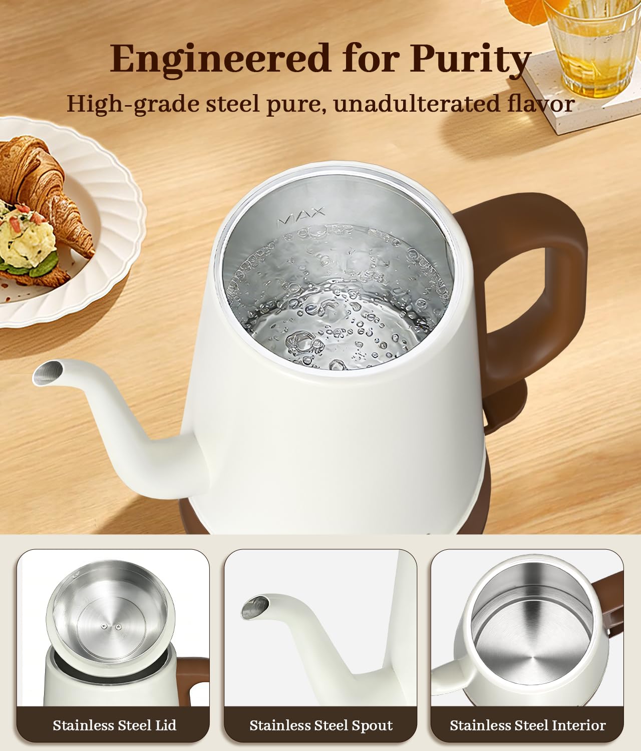 YTLAD Gooseneck Electric Kettle 1L, 1000W Fast Boiling for Pour-Over Coffee & Tea, 304 Stainless Steel BPA-Free, Precise Flow Spout, Auto Shut-Off & Boil-Dry Protection, Retro Style (White)
