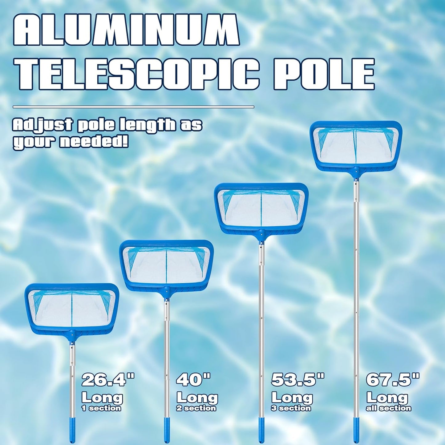 Pool Skimmer | Adjustable Telescopic Pole 26.4"-66.5" & Fine Mesh Net for Efficient Cleaning