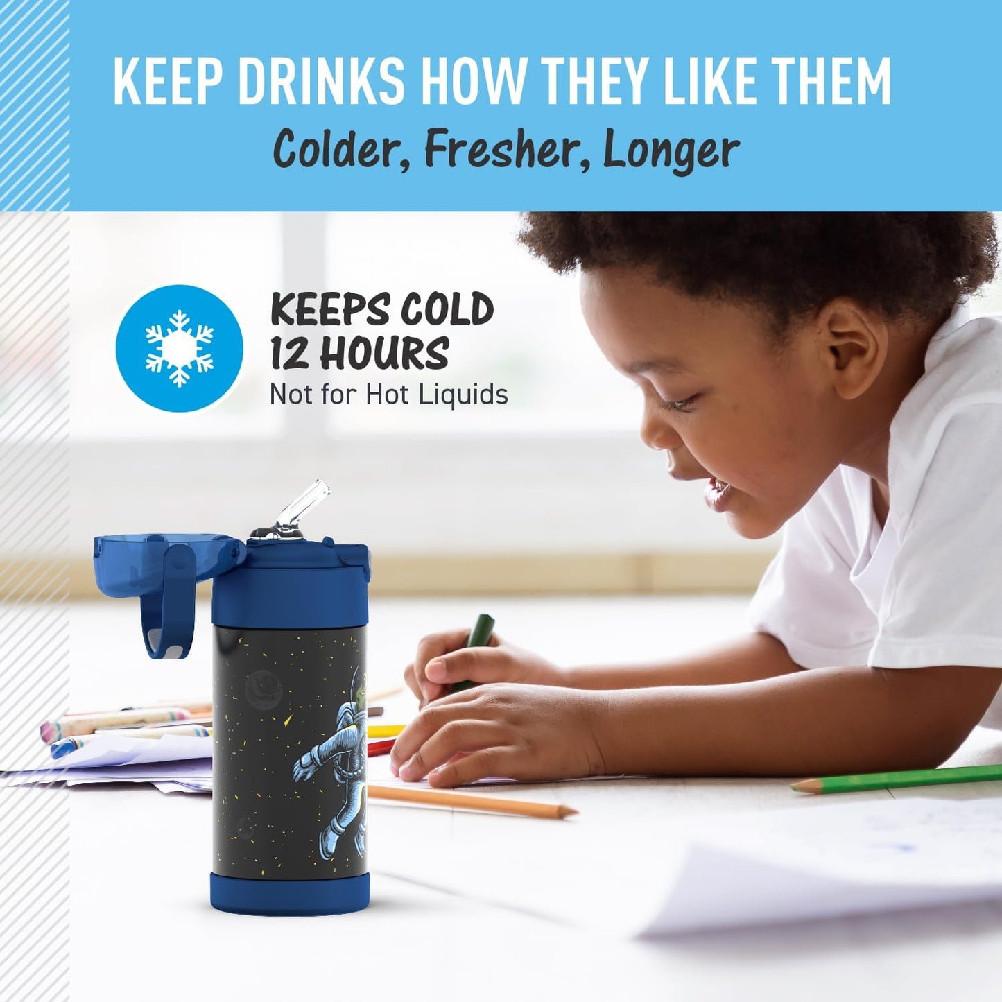 THERMOS FUNTAINER Water Bottle - 12 Ounce Kids Stainless Steel Vacuum Insulated with Straw | Space Frog Design