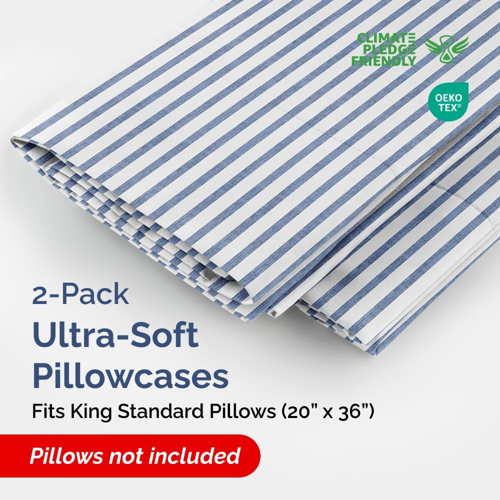 King Standard Pillow Cases by [Brand Name] - Ultra-Soft Hotel Quality - Fade-Free & Wrinkle Resistant - Blue Stripes - Set of 2