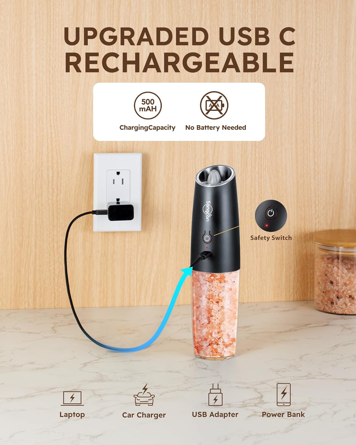 Sangcon Gravity Electric Salt and Pepper Grinder Set - Upgraded Rechargeable 9oz XL Capacity | USB-C, LED Light, One-Hand Operation