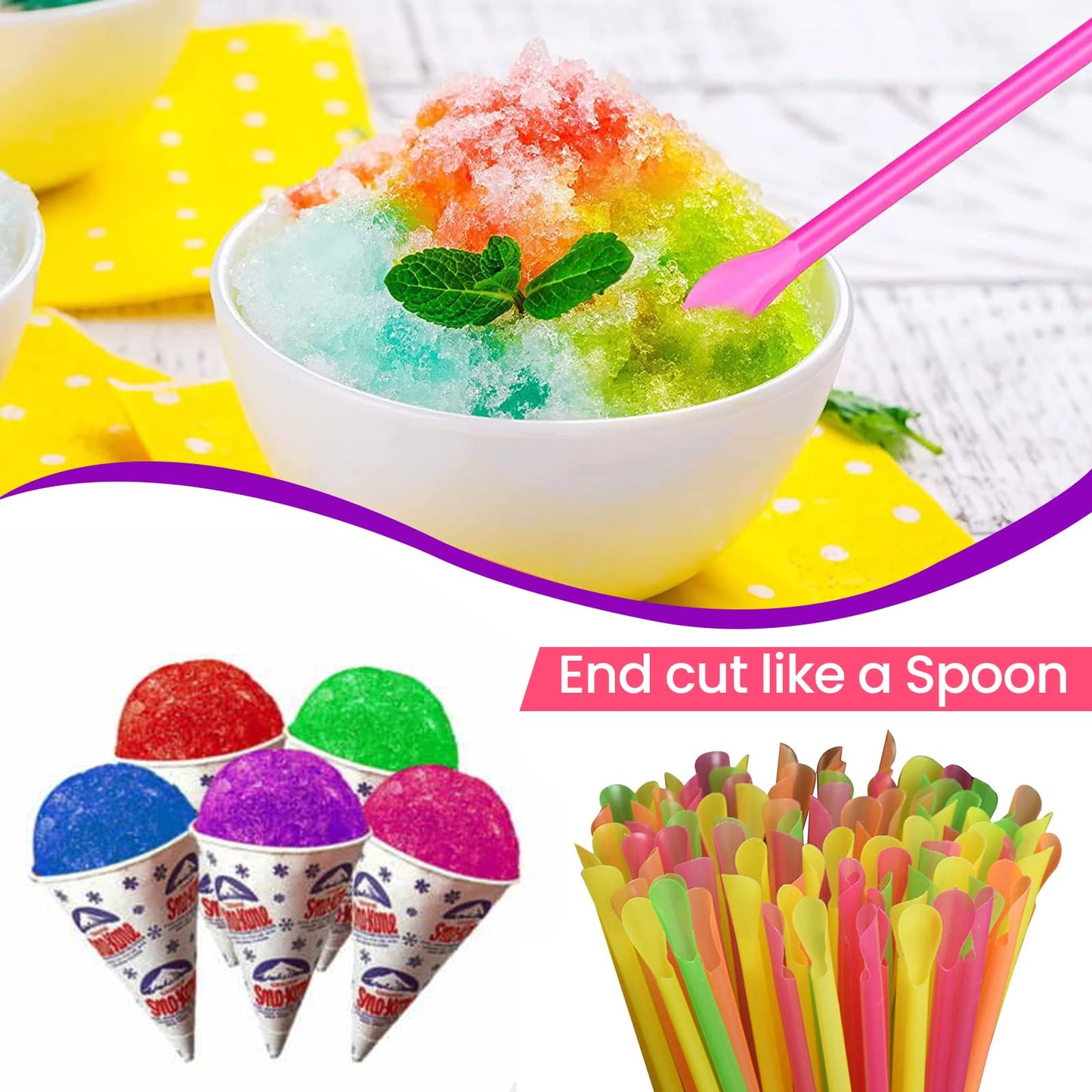 Concession Essentials 100 Count 6oz Snow Cone Cups with 100 8" Neon Spoon Straws, Pack of 200ct (100 cups/100 straws)