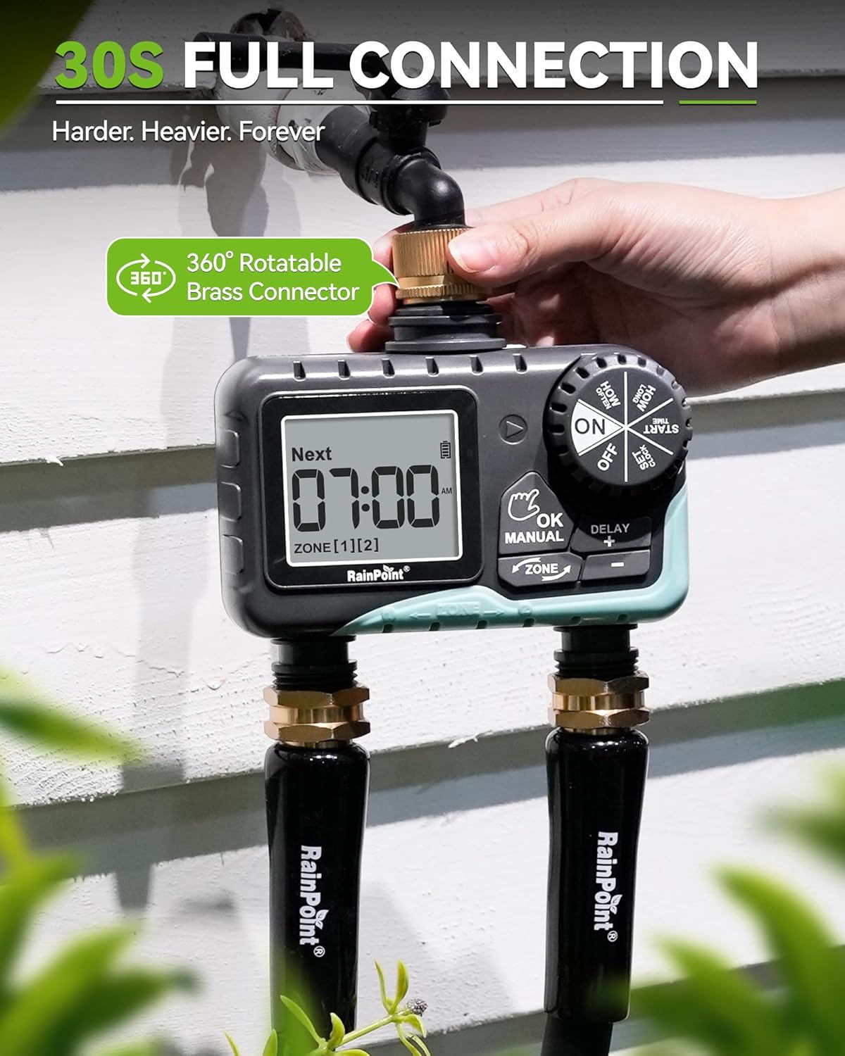 RAINPOINT Water Timer for Garden Hose - Programmable Sprinkler Timer with Brass Swivel | 2 Outlets for Automatic Irrigation