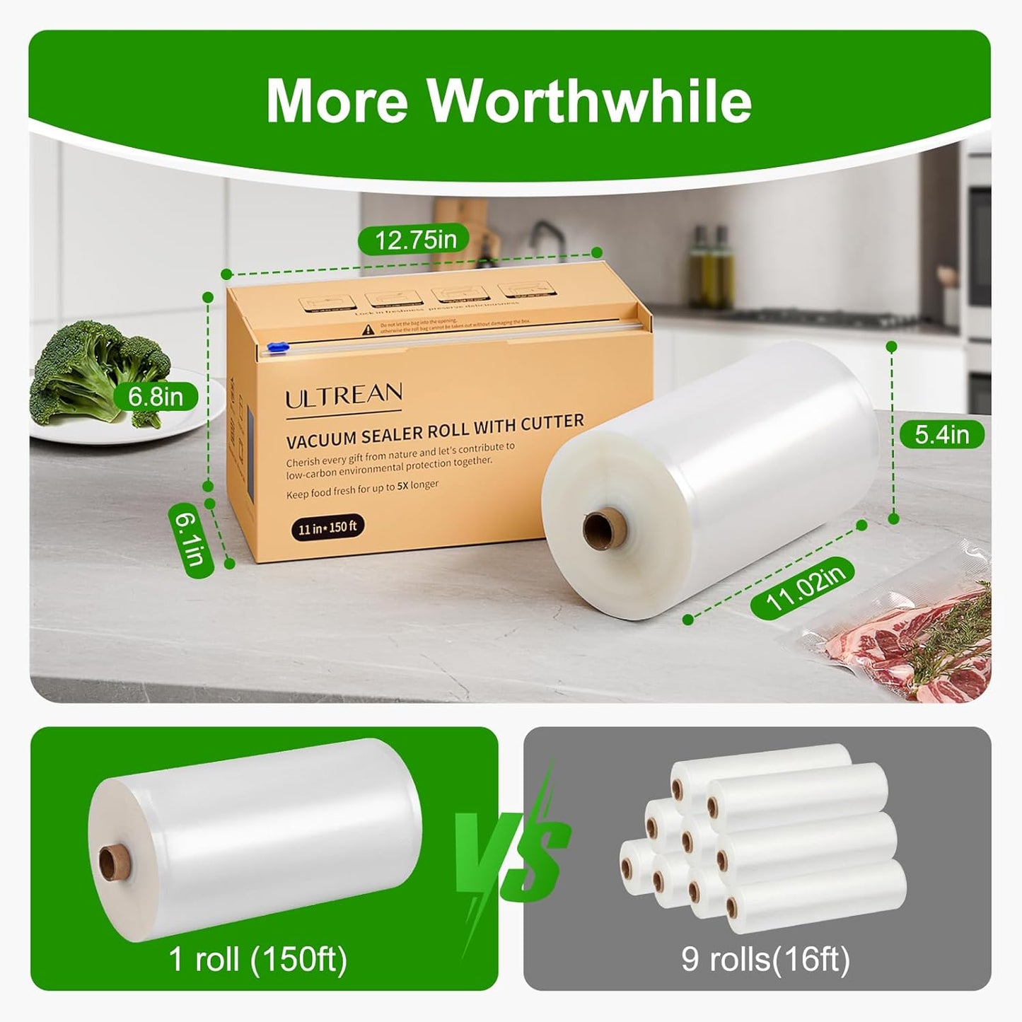 Ultrean Vacuum Seal Roll - 11" x 150' Commercial Grade Food Storage Bags | BPA Free, Ideal for Meal Prep & Sous Vide