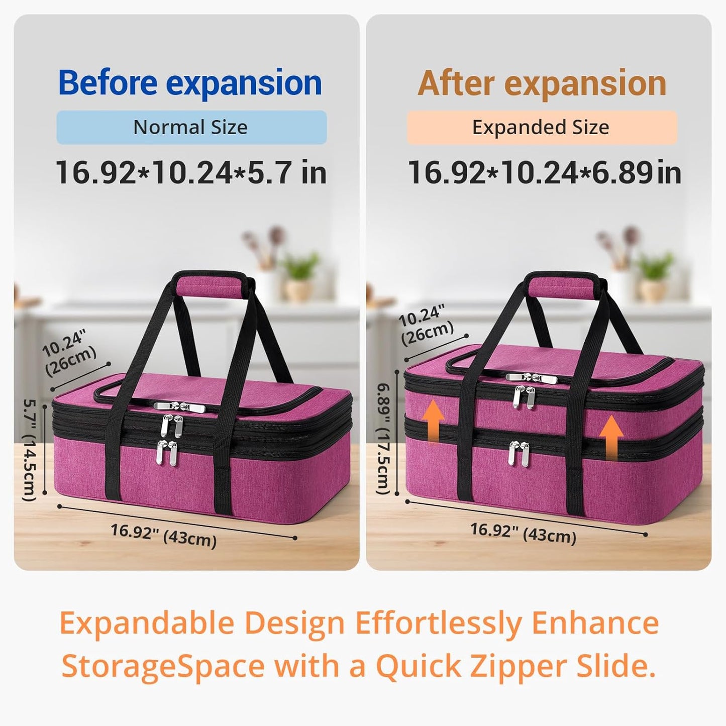 Skiennix Insulated Double Casserole Carrier - Portable Hot/Cold Food Tote Bag for Potlucks | Fits 9" x 13" Dish - Pink