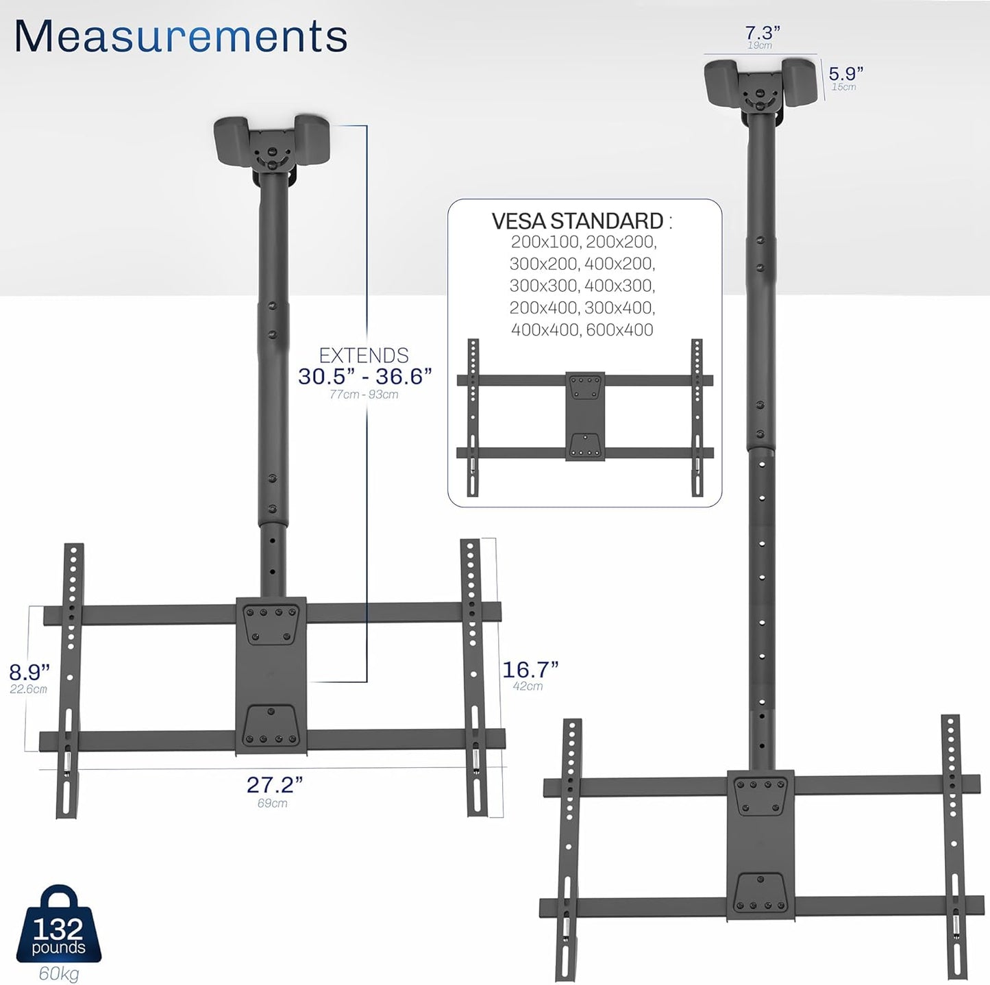 VIVO Ceiling Swivel TV Mount - Adjustable Height for 43 to 86 Inch Screens | Supports 132 lbs, Black
