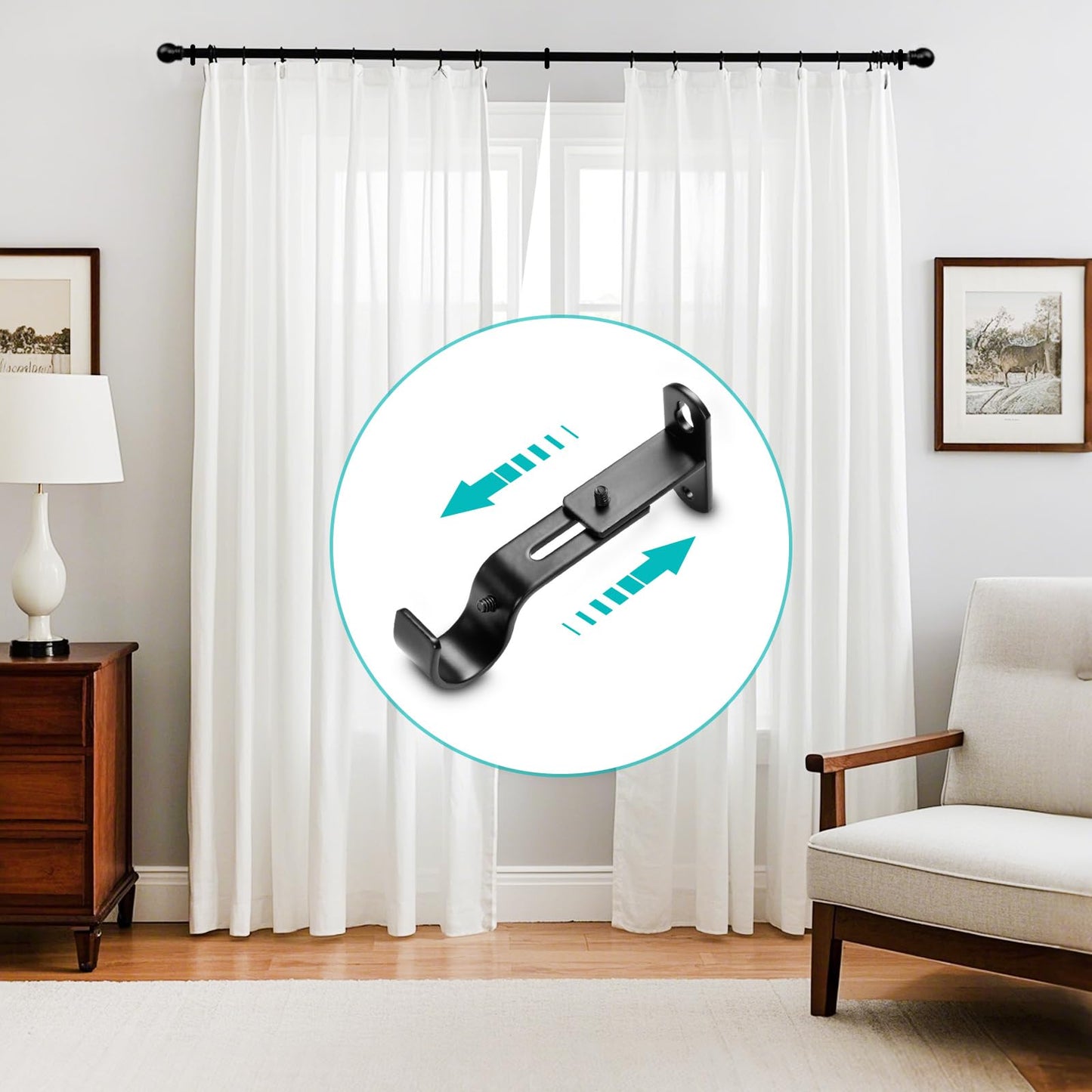 AMZSEVEN Adjustable Curtain Rod Brackets, Metal Window Drapery Rod Hanger Holders Hooks for 1 inch Rods (Black, Set of 2)
