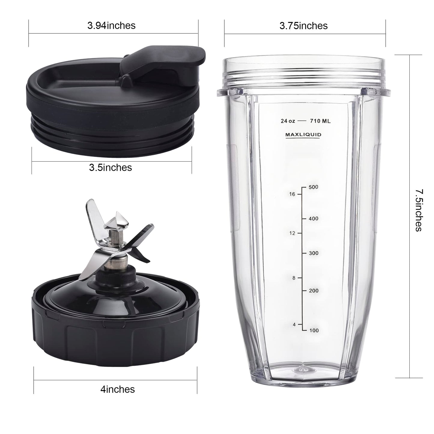 [Upgraded] Replacement 24oz Cups for Nutri Ninja Blenders, Cups with 7 Fins Replacement Extractor Blade Parts fit Ninja Auto iQ BL682-30 BL642-30 BL450-30 BL455-30 BL456-30 BL482-30 BL687CO-30 etc.