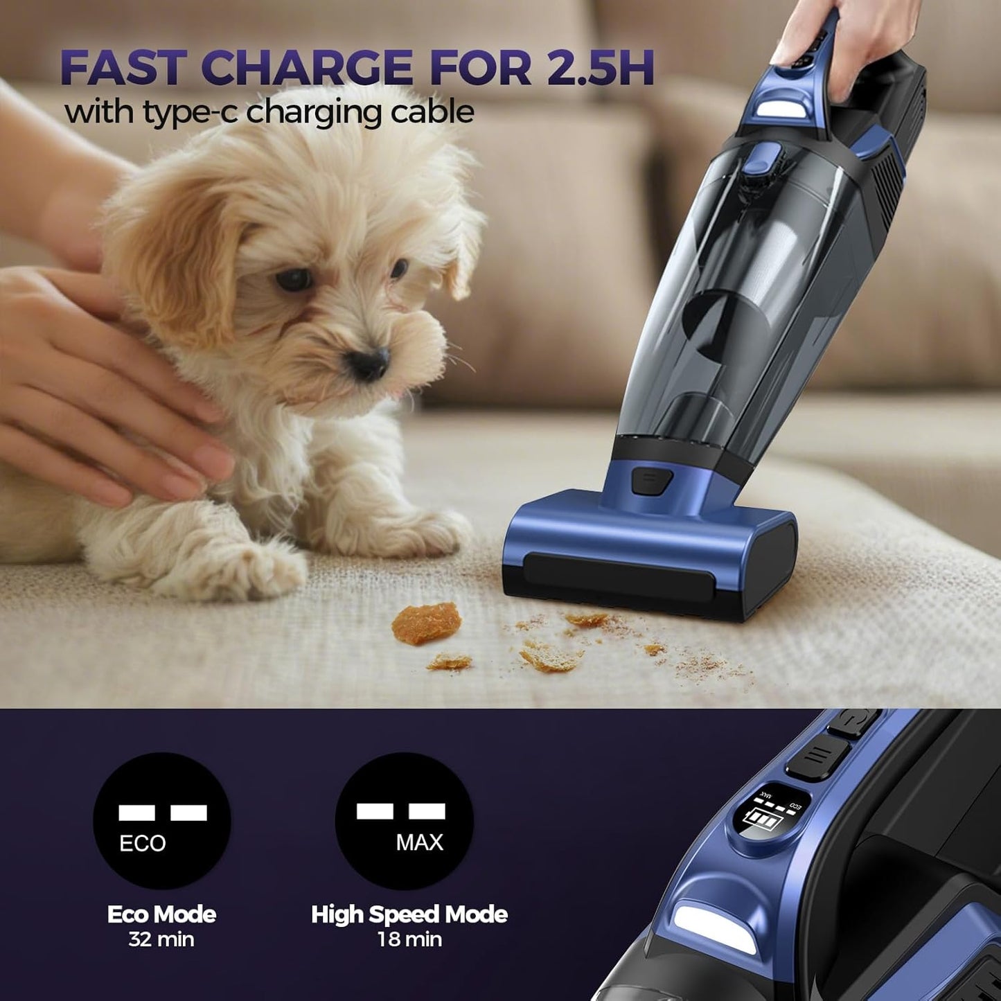 Skiennix Cordless Pet Hair Handheld Vacuum - 20000PA High Power with Motorized Brush & LED Light, Blue