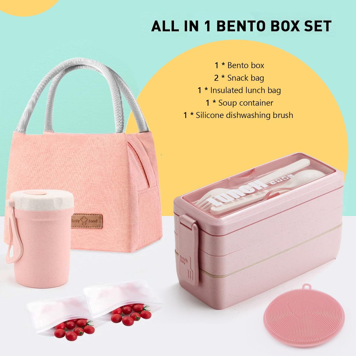 Meltset M Bento Box Japanese Lunch Box Kit Leakproof Bento Lunch Box for Kids Adults Wheat Straw 3 Layer Stackable Lunch Containers with Compartment Eco-Friendly Meal Prep Containers (Pink)