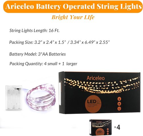 Ariceleo LED Fairy Lights - Battery Operated Copper Wire String Lights | 4 Packs, 5m/16ft Cool White for Bedroom, Weddings & Parties