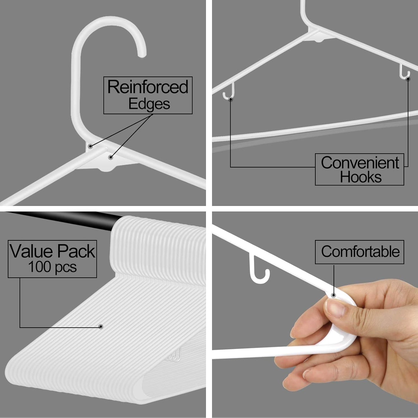 ZENY 100-Pack White Plastic Hangers - Space-Saving, Durable Clothing Hangers for Organizing Clothes
