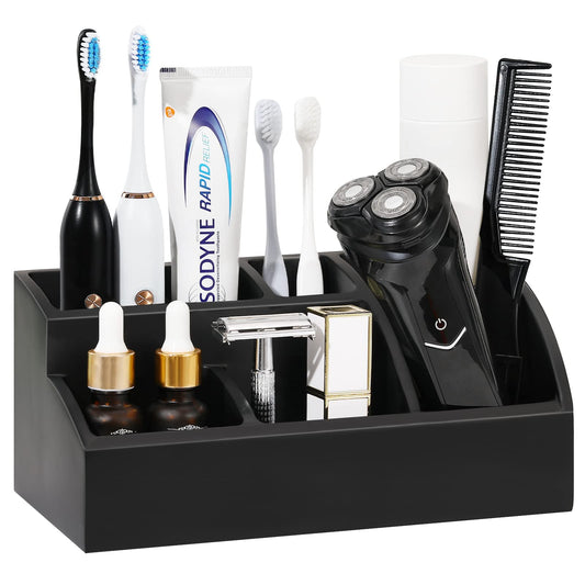 Luxspire Bathroom Counter Organizer, Toothbrush Holder for Bathroom 5 Slot, Large Bathroom Countertop Organizer Storage Marble Bathroom Accessories for Toothbrush Toothpaste, Matte Black