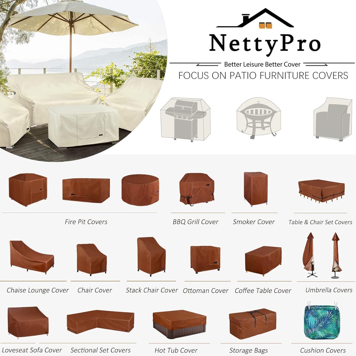 NettyPro Patio Chair Covers - Waterproof Heavy-Duty Outdoor Furniture Protection | 2 Pack, Beige, 30W x 33D x 34H Inches