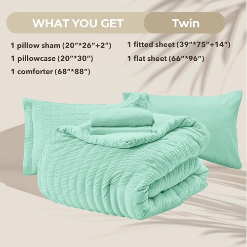 HYMOKEGE Twin Comforter Set - Mint Green Seersucker 5-Piece Luxury Bedding Set | All-Season Comforter, Sheets & Pillowcase