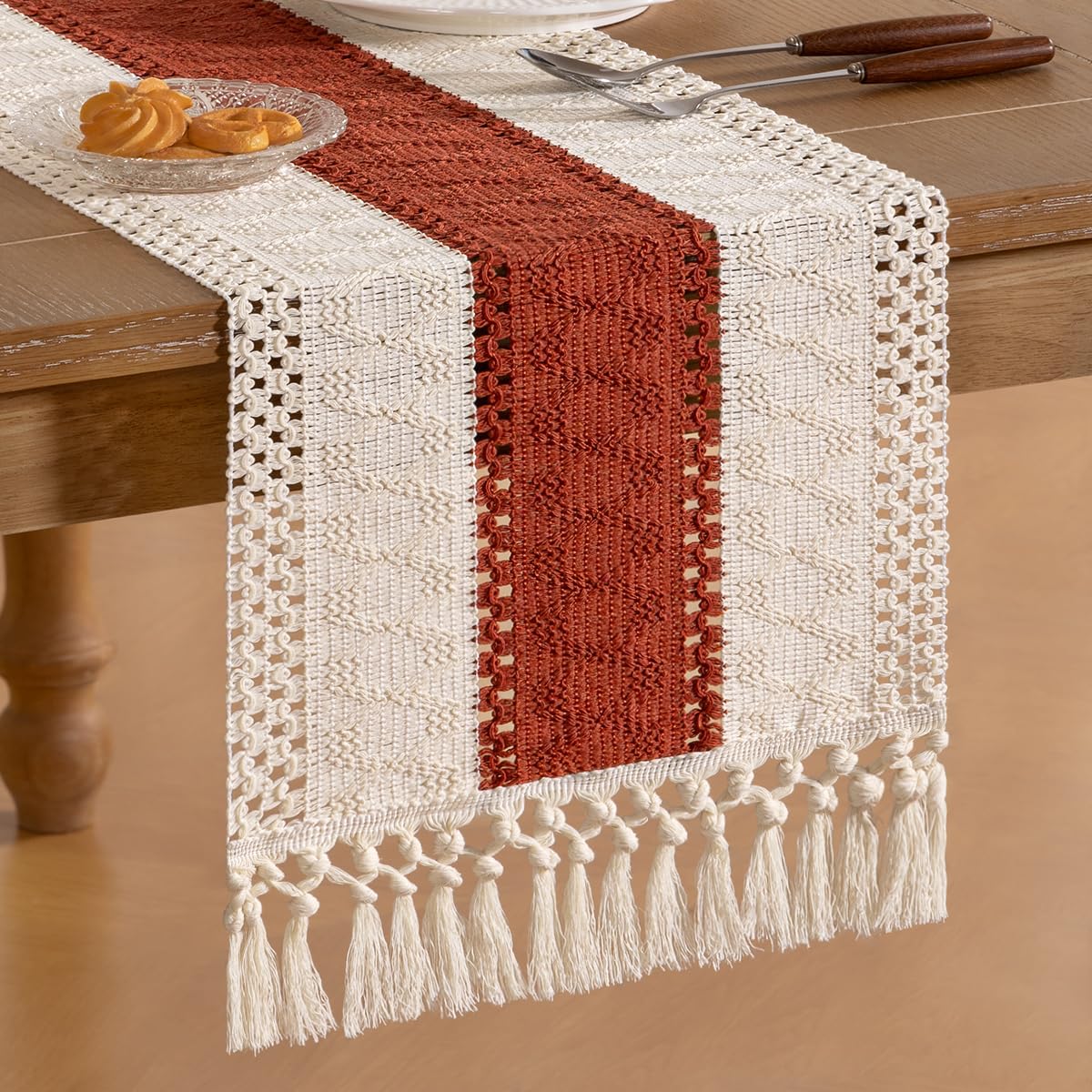Socomi Boho Table Runner Summer Farmhouse Rustic Dining Kitchen Small Macrame Woven Cotton Linen Coffee Table Runner for Dresser Scarf Home Decor 12x60 inch Terracotta Ivory