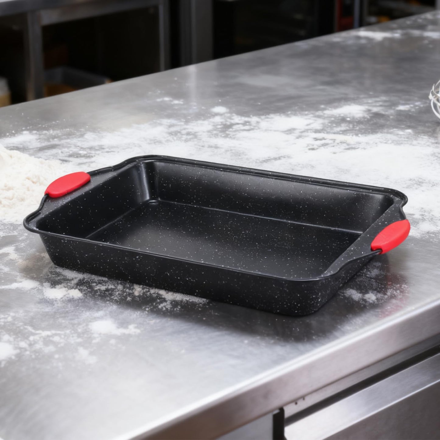 Anveena 3-Piece Nonstick Kitchen Oven Baking Pans - Premium & Stylish Non-Stick Steel, Commercial Grade Restaurant Quality Metal Bakeware with Red Silicone Handles - Easy to Clean black