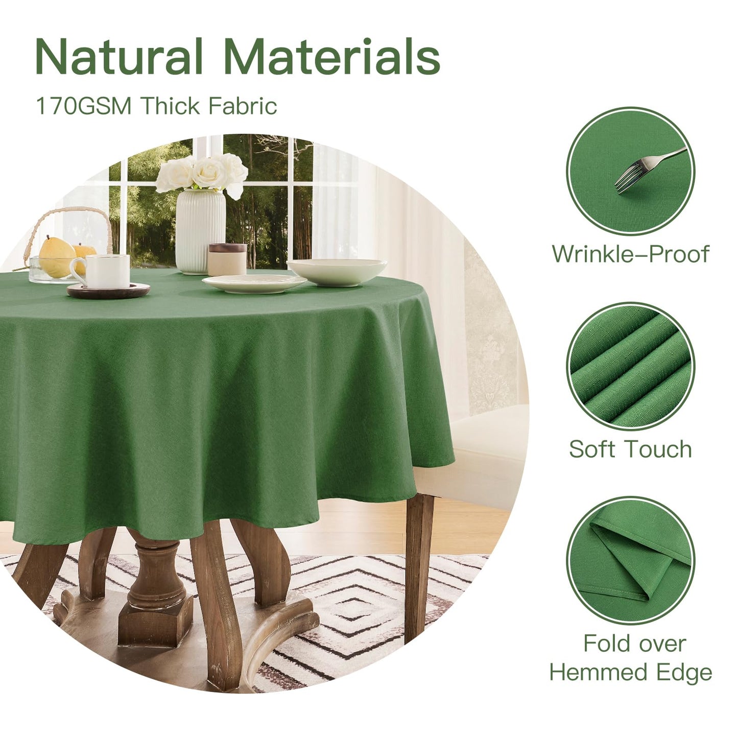 Veblandy Tablecloth Linen Textured Waterproof & Stain Resistant Table Cloth Wrinkle Free Decorative Fabric Farmhouse Table Cover for Dining/Party/Buffet/Wedding, 60 x 60 Inch, Green