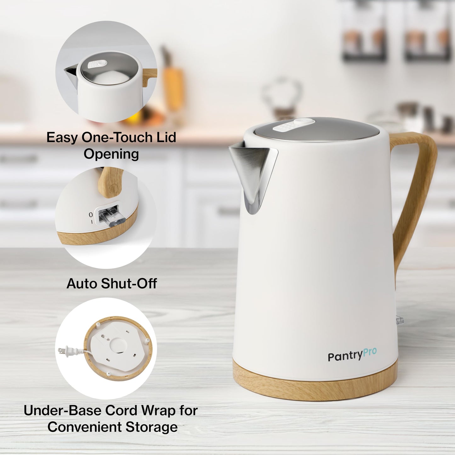 PantryPro 1.7L 1500W Rapid-Boil Electric Kettle - Stainless Steel Interior - Auto Shut-Off, Boil-Dry Protection, LED Indicator, Wide Opening - Cream White