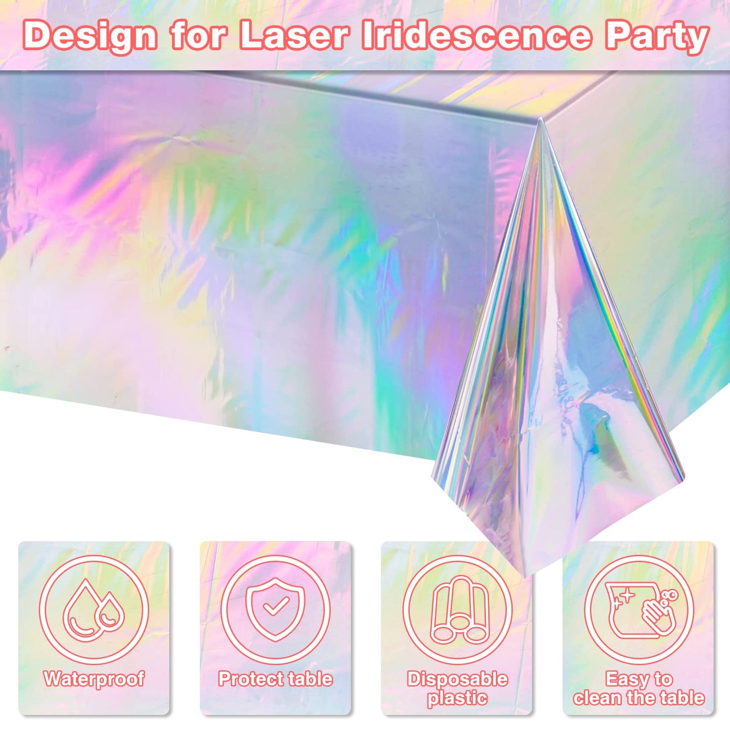 FunnyPars 4 Pack Iridescent Plastic Tablecloths, Shiny Disposable Laser Rectangle Table Covers, Holographic Foil Tablecloth Iridescent Birthday Party Supplies Decorations