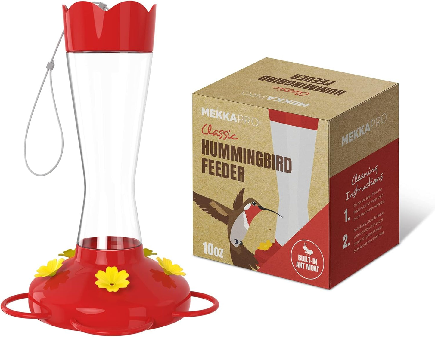 MEKKAPRO Glass Hummingbird Feeder - Ant & Bee Proof Design with 5 Feeding Stations | Bright Red, 10 Ounces