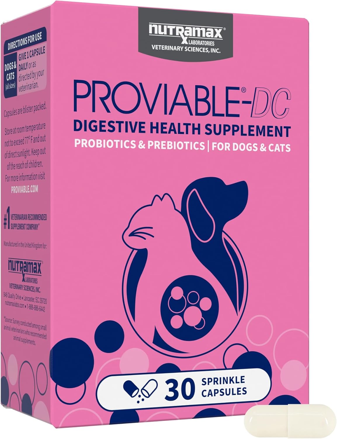 Nutramax Proviable Probiotics for Dogs & Cats - Daily Digestive Health Supplement with Prebiotics | 30 Capsules
