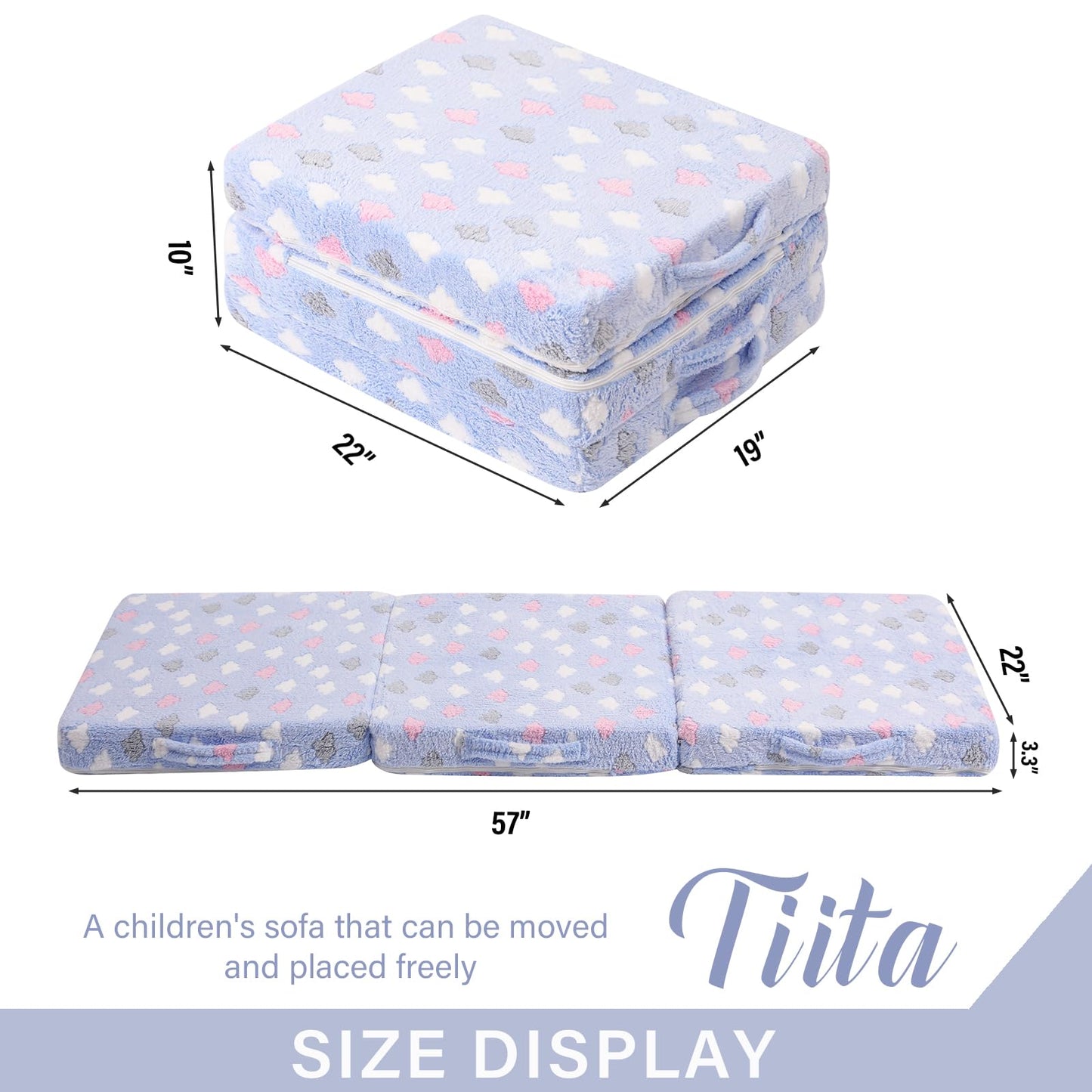 Tiita Toddler Foldable Floor Mattress for Kids, Small Floor Nap Mat for Sleeping Daycare, Kids Trifold Chair, Portable Toddler Tri Folding Mattress for Girls and Boys,Blue Cloud