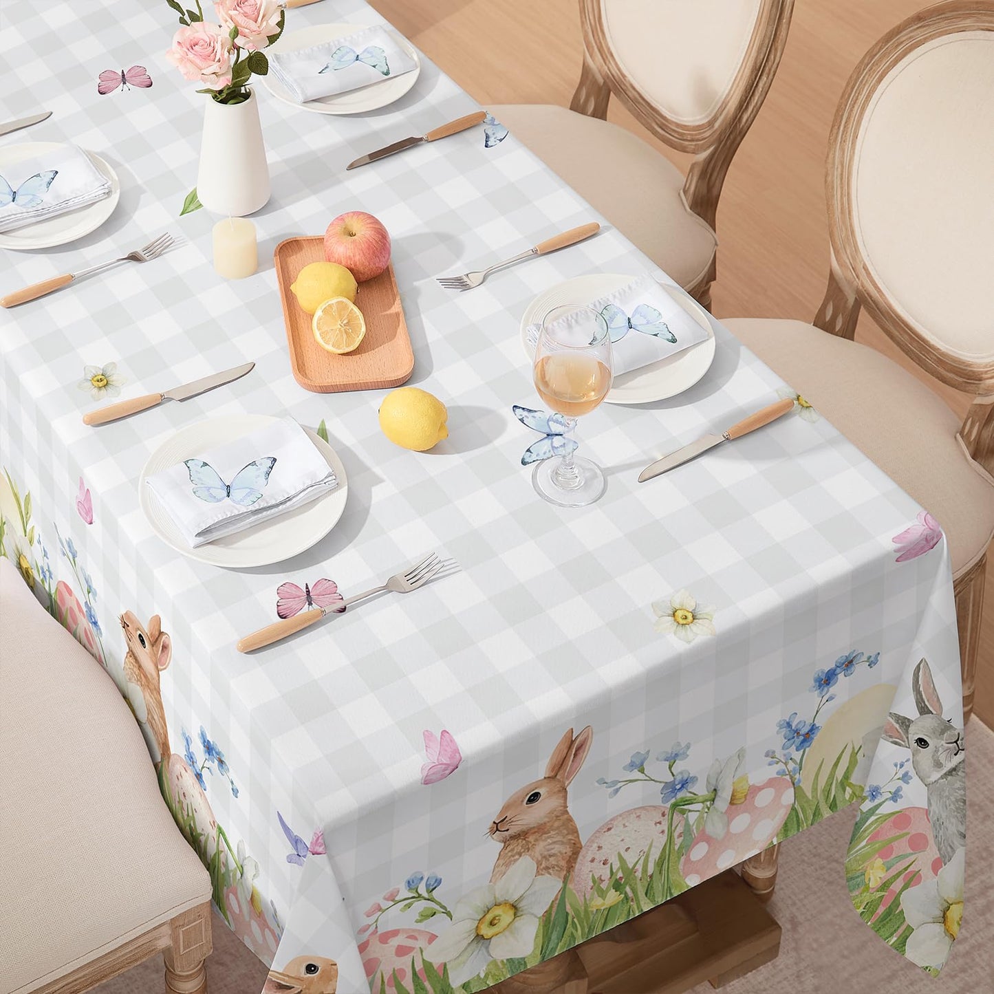 Softalker Spring Easter Tablecloth Rectangle - Bunny & Eggs Buffalo Plaid Flower Table Cloths, Stain Resistant Wrinkle Free Table Covers for Dinner/Party/Picnic/Outdoor, Grey Checkered 60 x 84 Inch