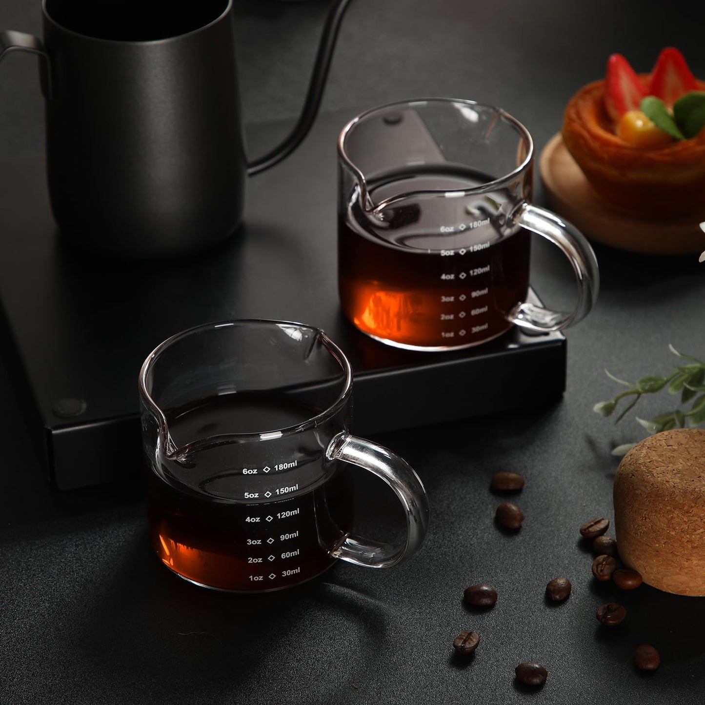 Patelai 2 Pcs 6oz/180ml Espresso Cups, Glass Measuring Cups with Double Spouts & Handle, Scale Espresso Shot Glass Milk Frothed Cup Coffee Accessories for Machines, Milk Frothed, and Bars