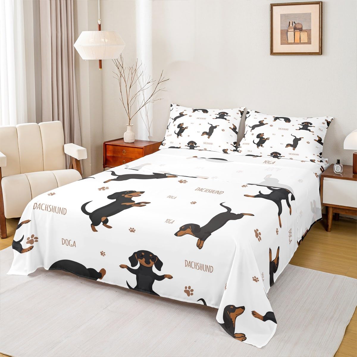 Feelyou Sausage Dog Bed Sheets Set Boys Dachshund Sheet Set for Kids Ultra Soft Puppy Dog Sheets with Deep Pocket Fitted Sheet Kawaii Pet Brown Bedding Set Room Decor Queen