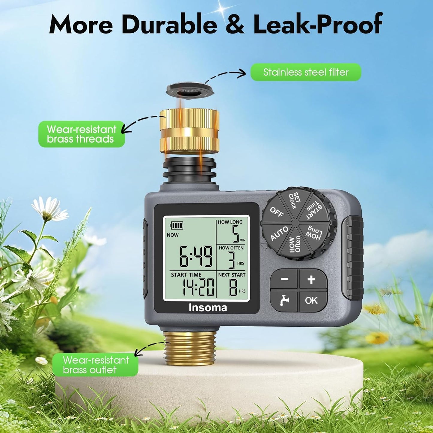 Sprinkler Timer - Brass Inlet & Outlet | Auto/Manual/Rain Delay Modes for Easy Garden Watering