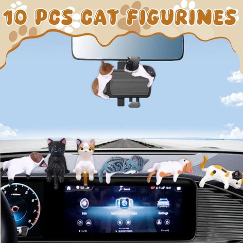 Exasinine Mini Cat Car Accessories - Cute Dashboard Decor & Rear View Mirror Gift | 10 Pcs Set