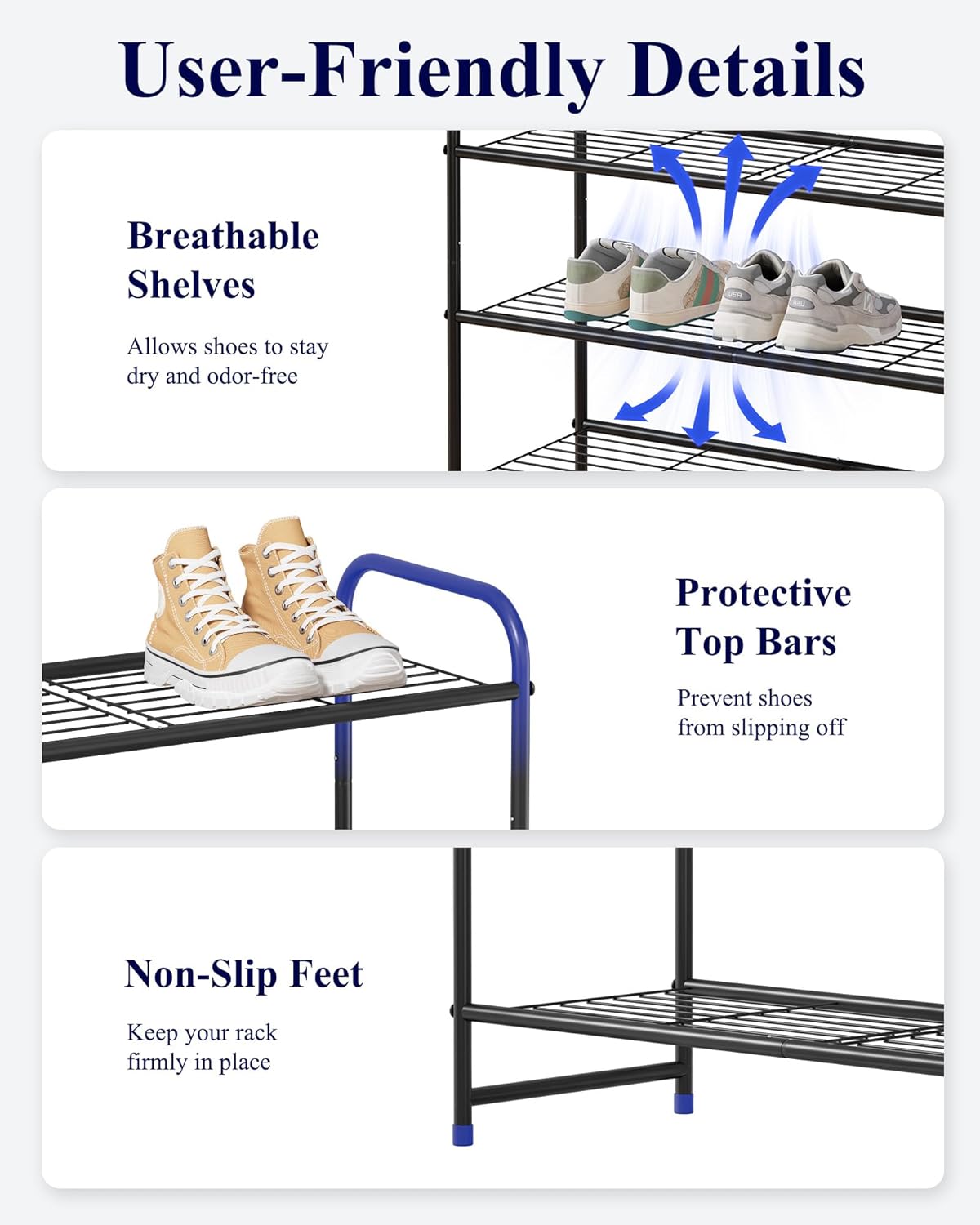 Kitsure Shoe Rack - Sturdy Stainless Steel Organizer for Closet & Entrance | 3-Tier, 25.6" Wide, Black