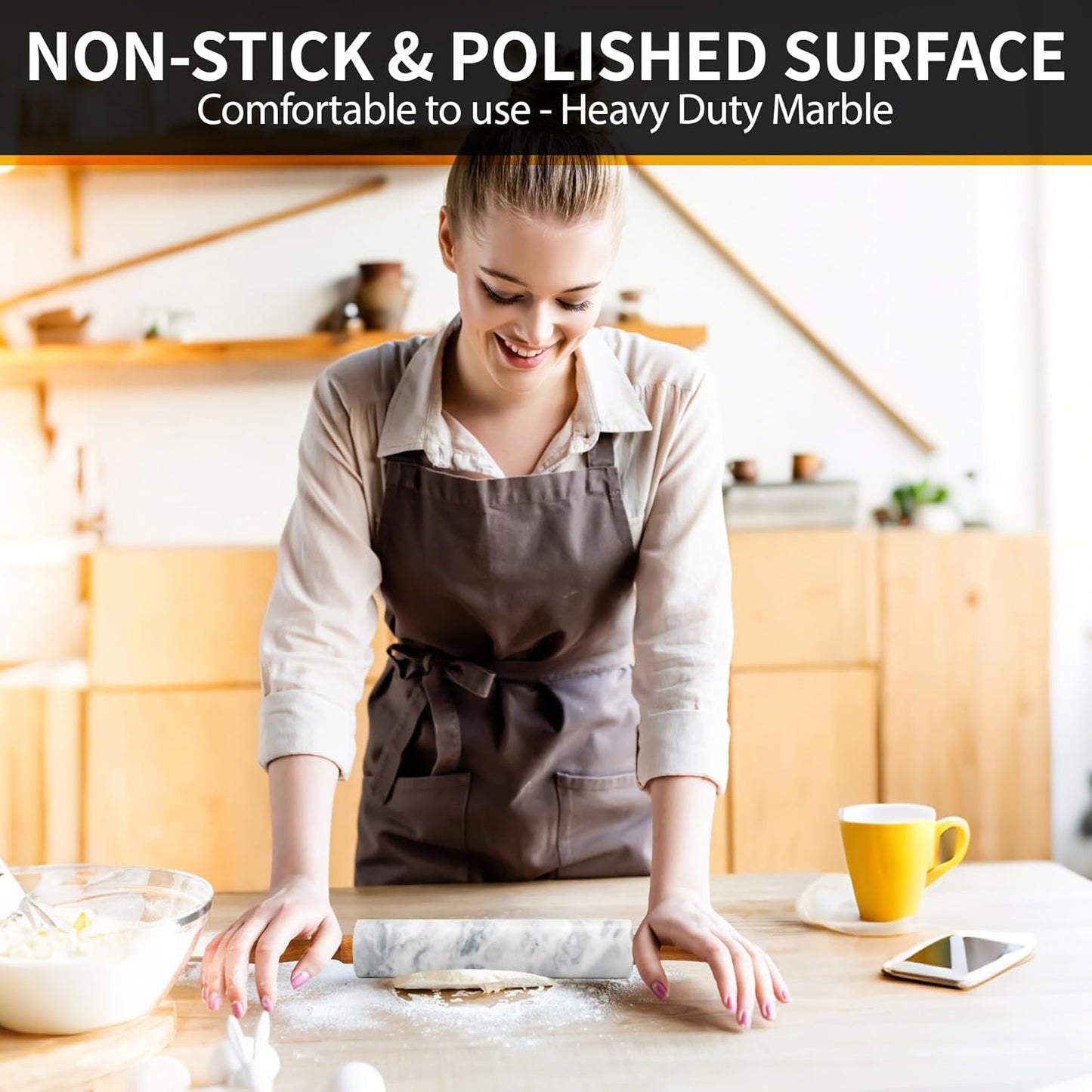 Skiennix Marble Rolling Pin - 16.7 Inches with Wooden Handles & Cradle | Perfect for Pizza Dough, Pasta, Cookies, and More!