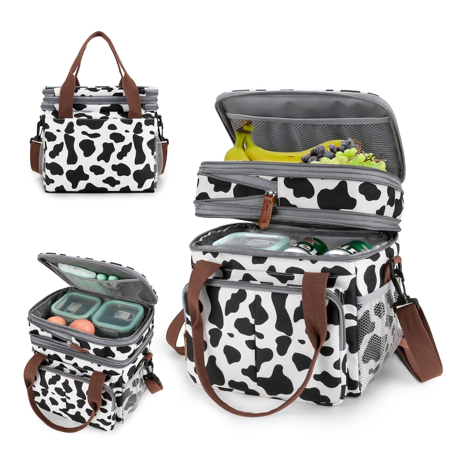 MEYTEILAY Lunch Bag for Women Men Expandable Double Deck Lunch Box Large Lunch Bags Leakproof Insulated Reusable Lunch Cooler Bag（Cow Print）